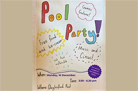 A poster created by a child promoting the details of the pool party